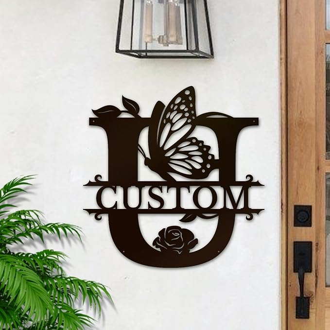 Personalized Custom Letter Name metal Signs,Custom Black Letter Monogram Wall Art Decor,Metal Signs Plaques Outdoor wall Decorative Signage (U)