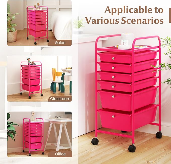 RELAX4LIFE 6-Drawer Rolling Storage Cart - Classroom Organization on Wheels w/Removable Plastic Drawers, Mobile Art Craft Cart for School Paper Home Office, Utility Cart with Drawers (Pink)