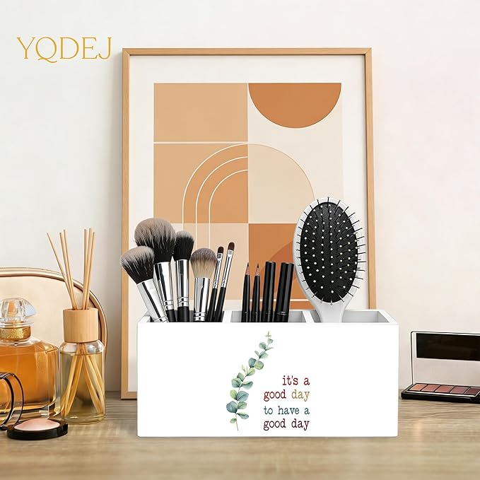 YQDEJ Motivational Eucalyptus Leaves Pen Holder for Desk Accessories, It's a Good Day to Have a Good Day Inspirational Wooden Box Sign Desk Pencil Holder Organizer for Home Office Decoration