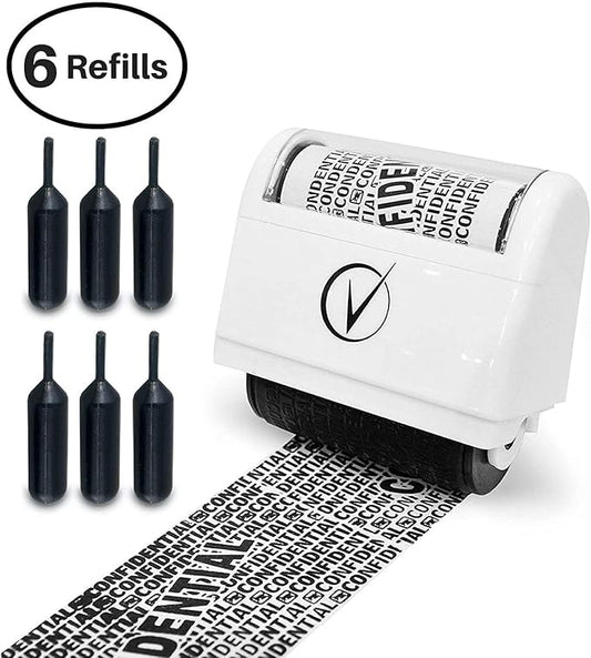 Vantamo Identity Theft Protection Roller Stamp for Hiding Sensitive Information, Wide Confidential Stamp with 6 Ink Refill, Security Stamp Roller for Identity Theft Prevention, Classy Blue