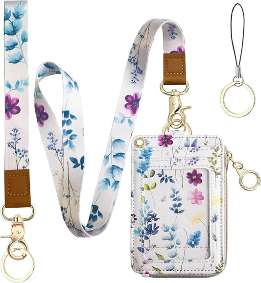 bolimoss 2-in-1 ID Badge Holder & Lanyard Wallet for Womens Cute Floral Zipper Wallet with Removable Wrist & Neck Lanyard, Clear Window, 5 Card Slots, Ring Keychain for Worker Teacher Nurse Couriers
