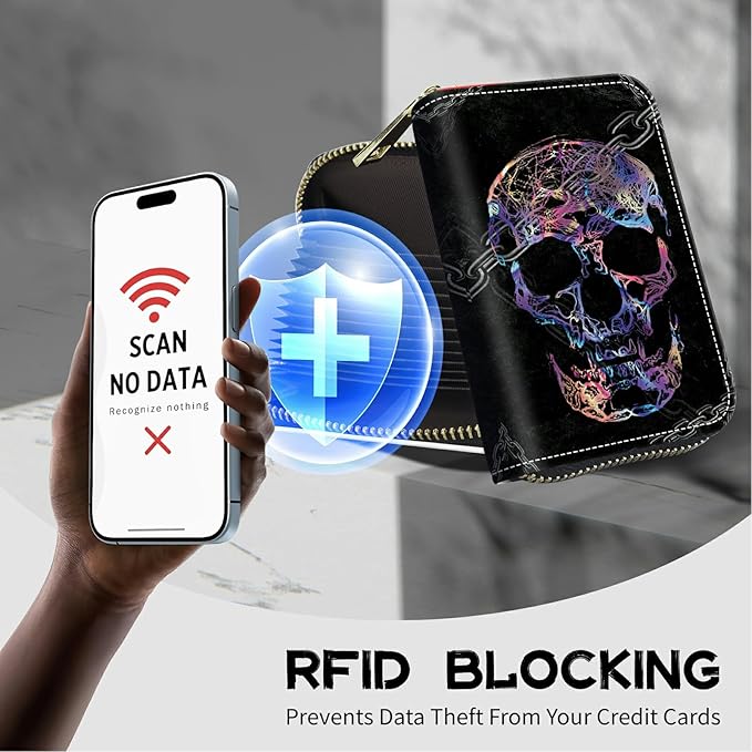 BWEGRHE Cute Credit Card Holder with Zipper, Shackle Skull RFID-Blocking Card Case Small Wallet for Women Men, Multi-slot Card Organizer Case Travel Accordion Wallet