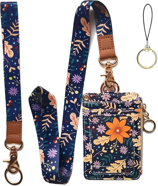 Lanyard Wallet,Wallet Lanyard,lanyards for id Badges,lanyards for id Badges for Women,Lanyard Wallet for Women,Fashion Badge Holder with Zipper（Autumn Sunflower）