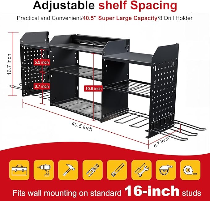 Large Power Tool Organizer Wall Mount with Charging Station, Heavy Duty Cordless Drill Holder, Garage Tool Storage Battery Rack with 8 Outlet, Gift for Men Husband Dad Birthday Anniversary Black
