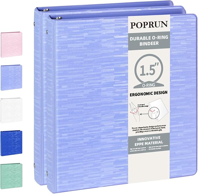 POPRUN 3 Ring Binder 1.5 Inch, PVC-Free, Holds 325 Sheets of 8.5 x 11 Paper, Extra Durable Organizer with 2 Pockets for School & Office, Heavy-Duty, 2 Pack, Cornflower Purple