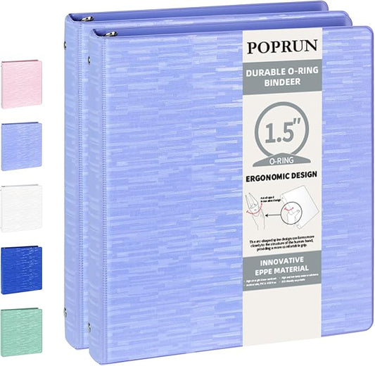 POPRUN 3 Ring Binder 1.5 Inch, PVC-Free, Holds 325 Sheets of 8.5 x 11 Paper, Extra Durable Organizer with 2 Pockets for School & Office, Heavy-Duty, 2 Pack, Cornflower Purple