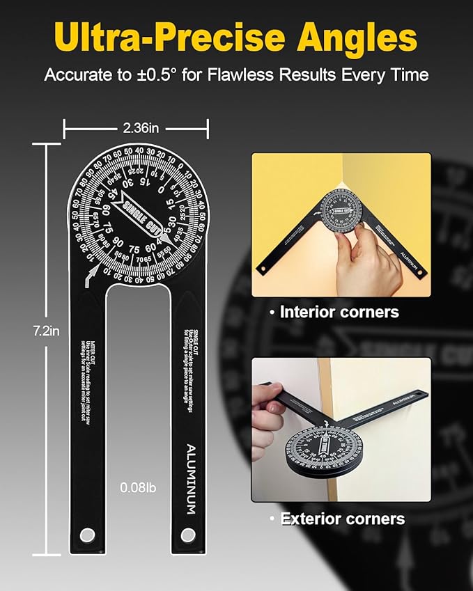 Anyongora 7.2" Miter Saw Protractor Angle Finder, CNC Aluminum Miter Gauge with Laser Engraved Scales, Precision Tool for Carpentry, Crown Molding & Construction, 5.3oz Ultra-Lightweight Portable
