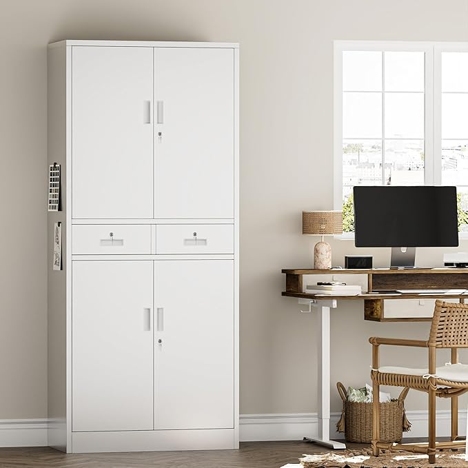 TaskStorz Metal Storage Cabinet with 2 Drawers 71" H,White Metal Garage Cabinets with 2 Lockable Doors and Adjustable Shelves Easy to Assemble for Home Office, Kitchen,Pantry,Garage,Warehouse