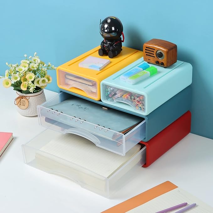 OSteed Desktop Drawers for Paper, Stackable Office Storage Drawers for Desk, Craft Organizer and Storage Bins, 4 Mixed Storage Container with Plastic Drawers for Office Supplies Desk accessories