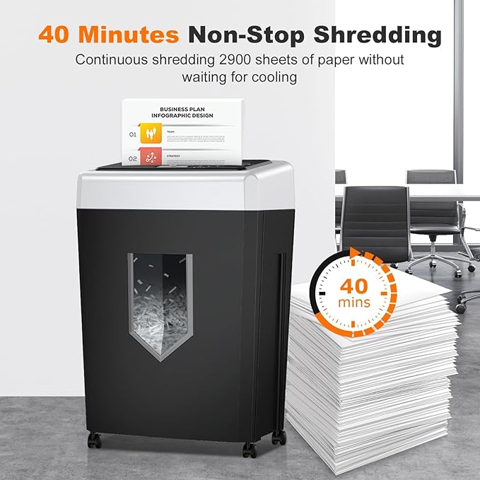 Bonsaii 15-Sheet Office Paper Shredder, 40-Minute Home Office Heavy Duty Shredder, Crosscut Shredders for CD, Credit Card, Mails, Staple, Clip, Anti-Jam System & P-4 High Security & 5 Gal Pullout Bin