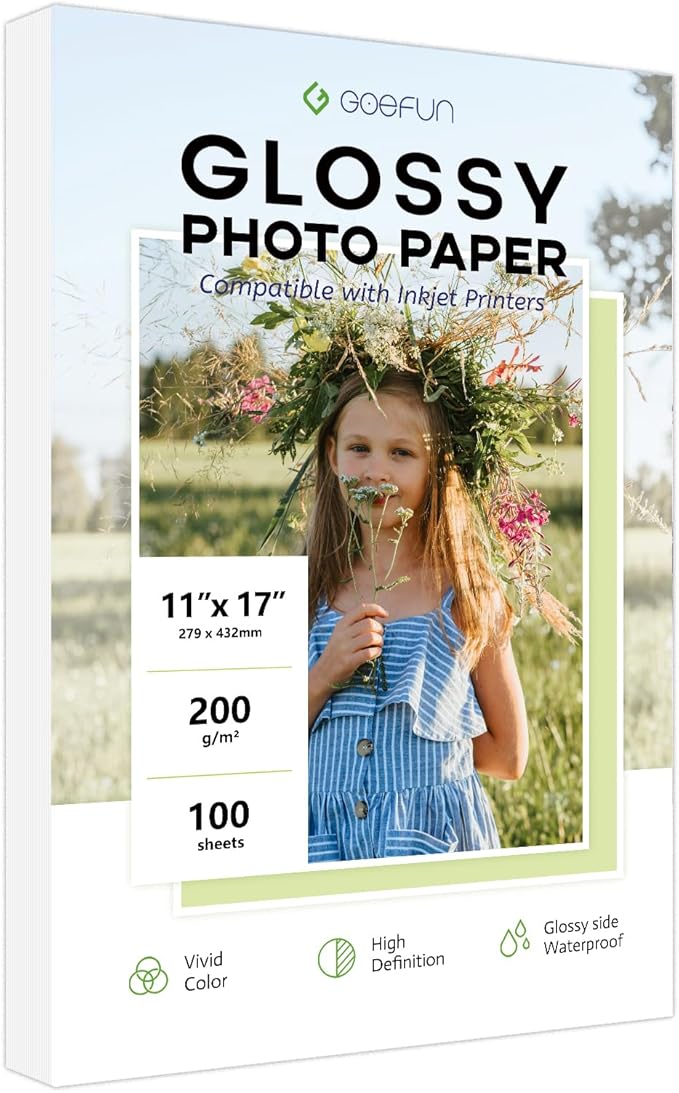 11x17 Photo Paper Glossy, Goefun 200 GSM/54 LB Photo Printer Paper for Inkjet Printer and Dye Ink,100 Sheets