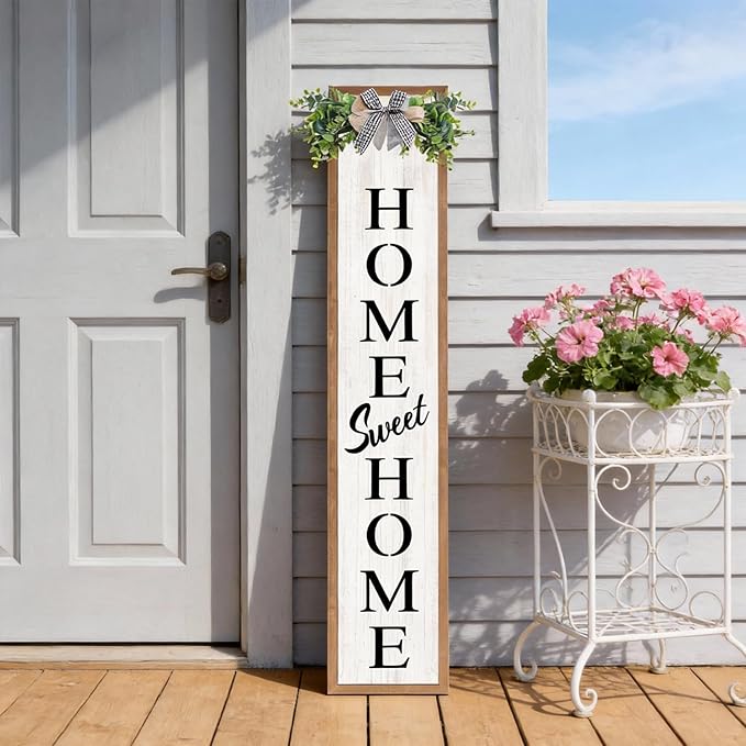 Double-sided Welcome Wooden Sign Stand with Magnetic-adhesive Wreath for Front Door, 47" Vertical Farmhouse Home Sweet Home Porch Sign for Outdoor Patio Garden, 2in1 Large Tall Porch Leaner Decor