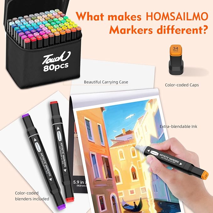 HOMESILMO 80 color alcohol permanent art mark, fine chiseled double pointed mark set, adult sketching, artist comfortable coloring illustration, adult coloring book, art gift set