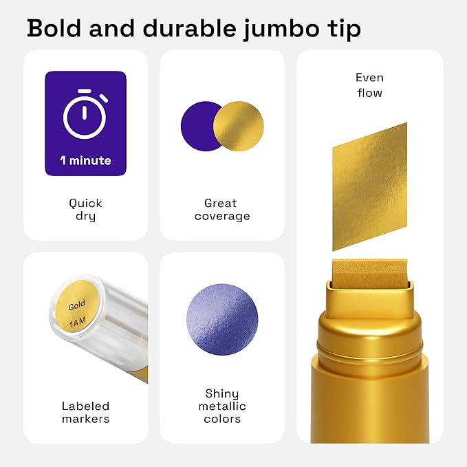 ARTISTRO 8 Metallic Poster Markers - Jumbo Markers Set with 15mm Wide Jumbo Tip for Murals, Posters, Tagging, Rock, Wood, Plastic, Leather, Metal, Fabric, Ceramic