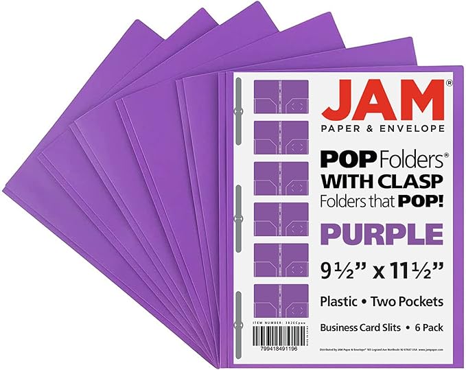 JAM PAPER Plastic Color POP Folders - 2 Pocket Durable Folders with Metal Prongs Fastener Clasps - Purple - 6/Pack
