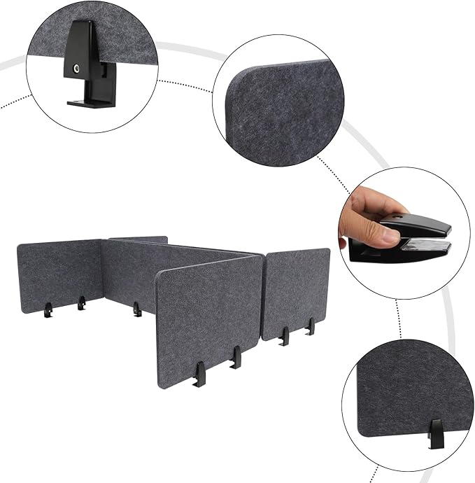 Clamp-On Acoustic Desk Divider, 2Pcs 47.25x16in+4Pcs 23.6x16in Acoustic Partition, Desktop Privacy Panel, Sound Absorbing Workstation Panel (Anthracite Gray, 48" x 16" + 24" x 16")