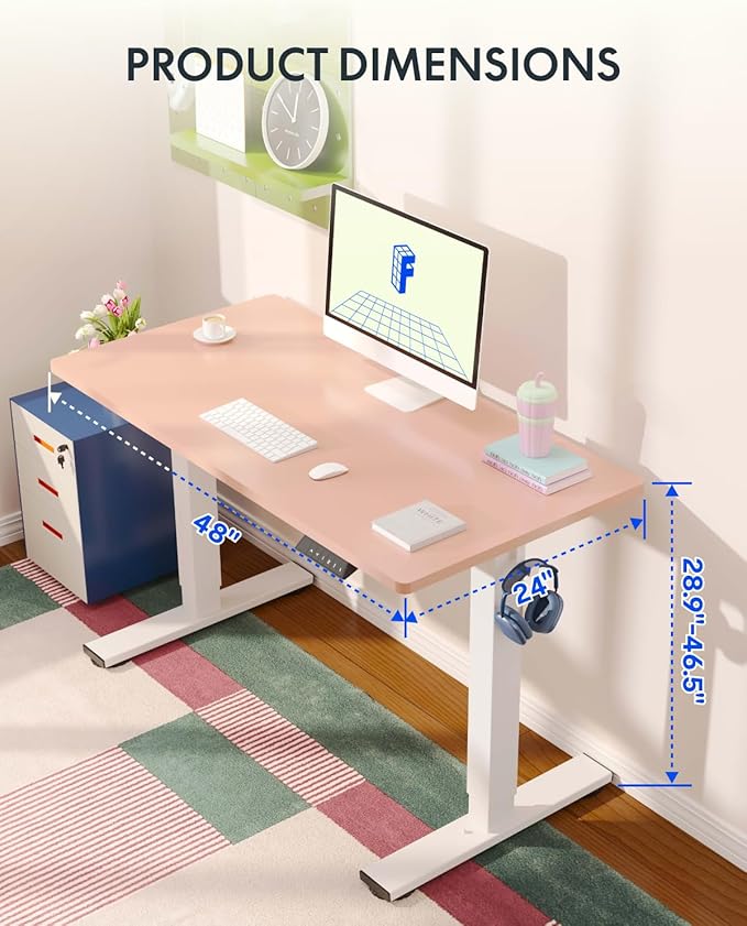 FLEXISPOT EN1 One-Piece Standing Desk, 48"x24" Seamless Desktop Electric Height Adjustable Desk for Home Office, Multi-Monitor Setups & Easy Assembly, Pink