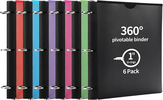 Tashkummy 360° Pivotable 3 Ring Binder, Upgraded Foldable Binders 1 inch 6 Pack, Thin Small Three Ring Binder Fits 8.5" x 11", for Home, School and Office Binders Supplies - 6 Assorted Color