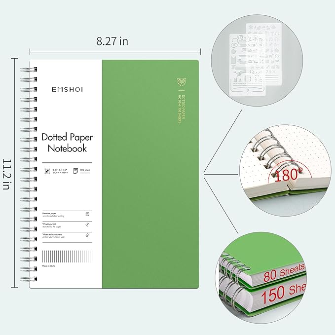 EMSHOI A4 Spiral Notebook Bullet Dotted journal, 11.2" X 8.27", 300 Pages/150 Sheets, 100gsm Dot Grid Paper, Waterproof Softcover, Twin-Wire Binding, for School Work Writing Note Taking-Green