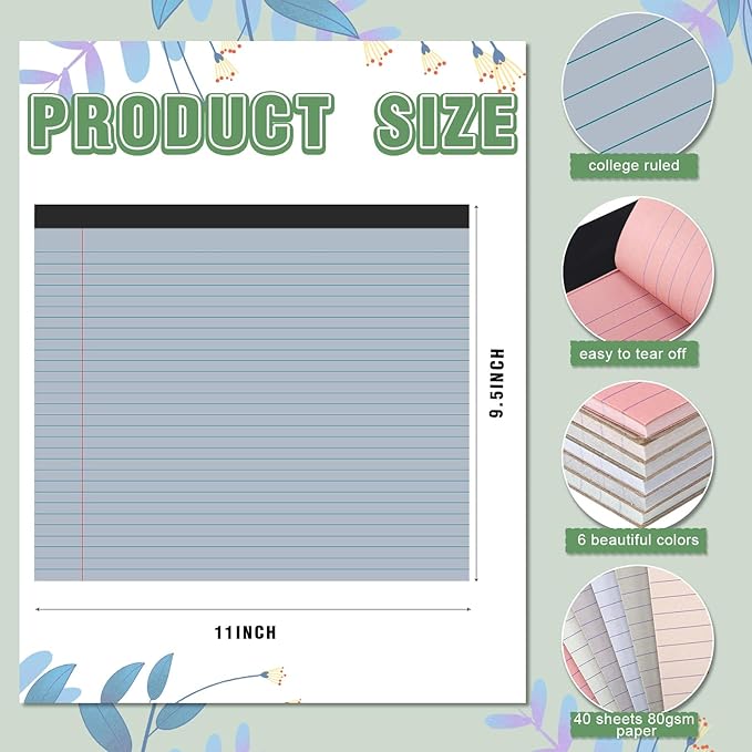 Lincia 6 Pcs 11" x 9.5" Legal Pads College Ruled Notepad Landscape Notebook Horizontal Lined Notebook 80 Gsm Assorted Colors Paper Pastel Writing Pads for School Office, 40 Sheet (Aesthetic Color)