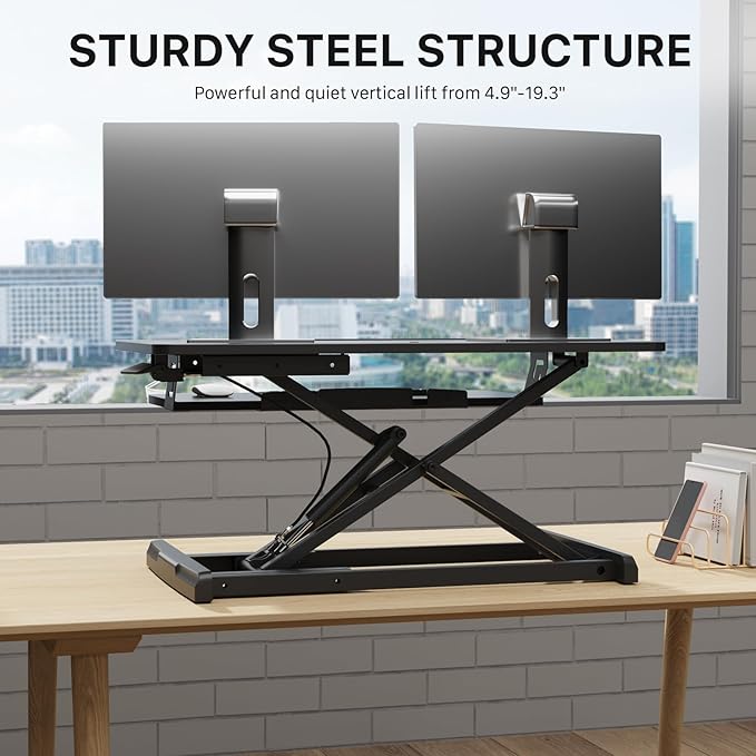 JOY worker Standing Desk Converter, 32" Wide Height Adjustable Sit Stand Up Desk Riser with Keyboard Tray, Desktop Workstation Riser for Home Office Computer Laptop, Particle Board, Black