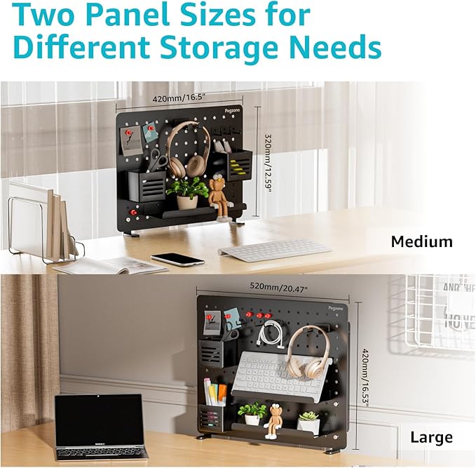 PEGZONE Clamp-on Desk Pegboard, Desk Organizer for Office Gaming Home, Magnetic Metal Peg Board with 10 Accessories, Privacy Panel for Office, 16.5" x 12.6", Medium, Black