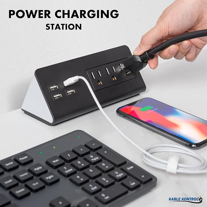 Kable Kontrol Desk Clamp Power Strip with 4 USB-A Ports, Nightstand Charging Station, 3 AC Outlets, Fast Charger, Easy Installation for Home, Offices, Hotels – 4.9 Ft, Black, 1 Pc