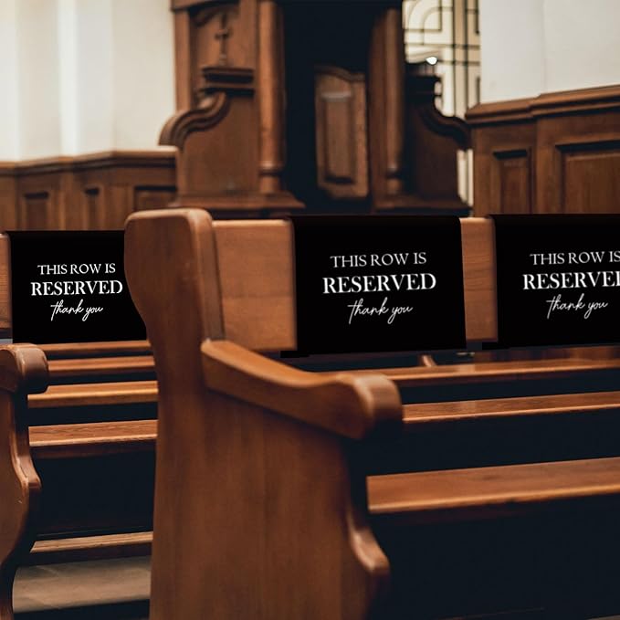ChissNook Reserved Seating Chair Signs, This Row Is Reserved Pew Cloths Seating Placeholder for Church Pews, Wedding Decorations for Reception Parties Celebrations Event Meetings (Black, 4 PCS)