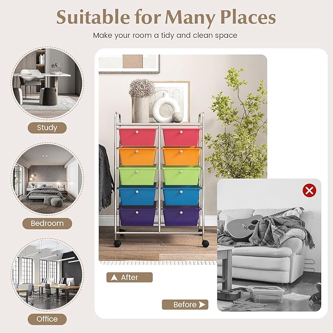 LDAILY 10 Drawer Rolling Cart, Storage Cart Organizer on Wheels, Drawer Cart with Metal Frame & Large Storage Capacity, Rolling Cart with Drawers for Living Room Classroom, Office