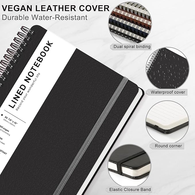 Lined Spiral Journal Notebook, B5 Spiral Notebook, 7.8''×10'' Journaling Notebooks for Work, School, Women, College Ruled Spiral Notebook, Hardcover Leather Notebook for Note Taking Business, Black