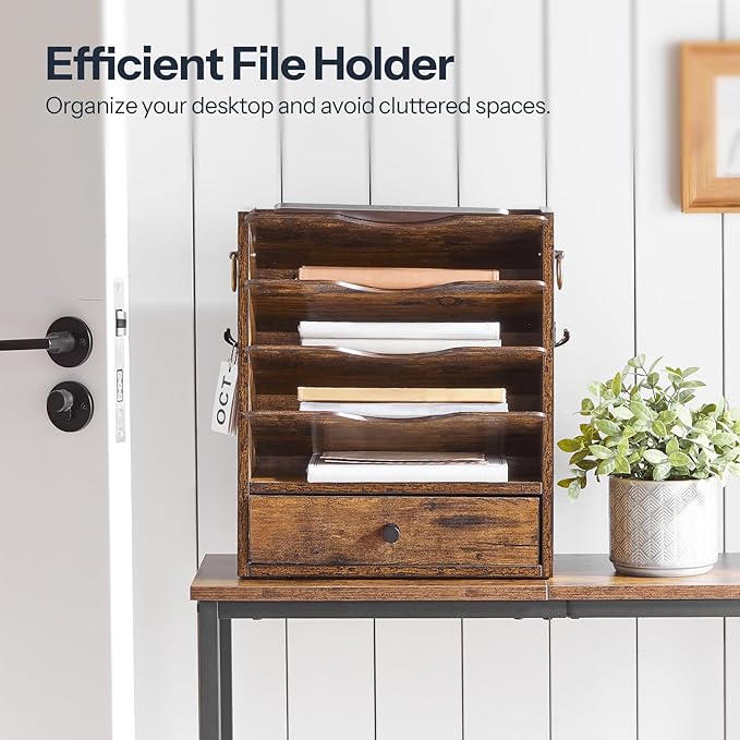 HOOBRO Wall File Organizer, Mail Organizer Wall Mounted, Wooden Literature Organizer, Construction Paper Organizer with Drawer Storage and 2 Hooks, for Office, Classroom, Home, Rustic Brown FG14WF01
