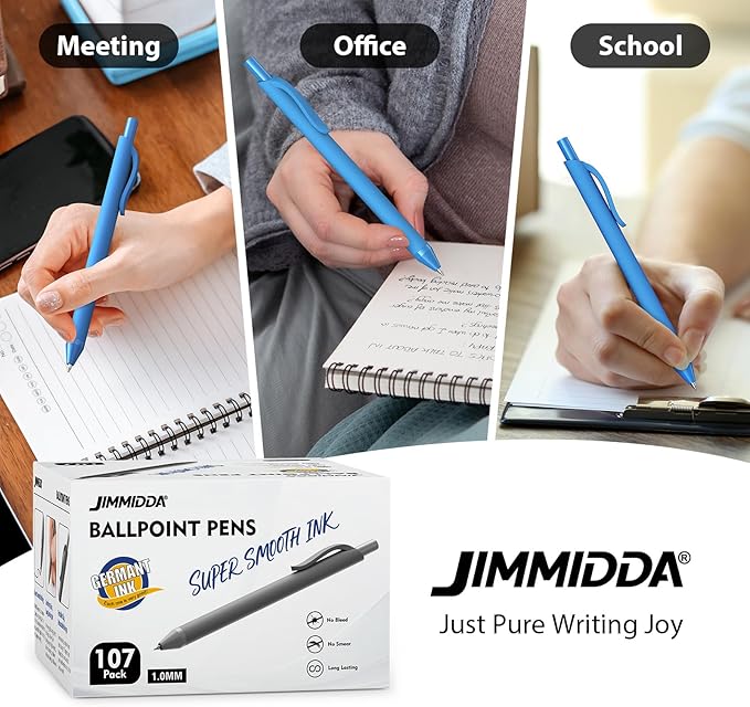 JIMMIDDA Ballpoint Pens Bulk - 107 Pcs Black Ink Pens in Bulk | 1.0 Medium Point Smooth Writing, Retractable No Bleed Ball Point Pen for Men Women (Blue Barrel)