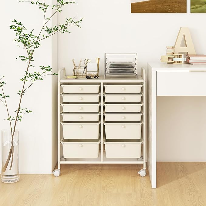 LDAILY 12 Drawer Rolling Storage Cart, Craft Cart Organizer on Wheels w/Metal Frame, Large Capacity & Smooth Drawer, Rolling Cart w/Drawers for Classroom, Office