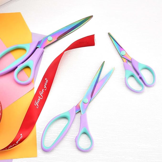 Zicolu Craft Scissors Set of 3 pack, Sharp Rainbow Titanium Coating All Purpose Scissors, Ergonomic Semi-Soft Rubber Grip, Suitable for School, Office and Household Use, 9.2''/8.5''/5.6"