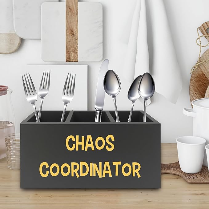 XPH Chaos Coordinator Black Yellow Pen Pencil Holder Organizer for Desk, Thank You Gifts for Women Men Coworkers Boss Leader Manager, Appreciation Gifts Wooden Box Sign for Desk Tabletop Decorations