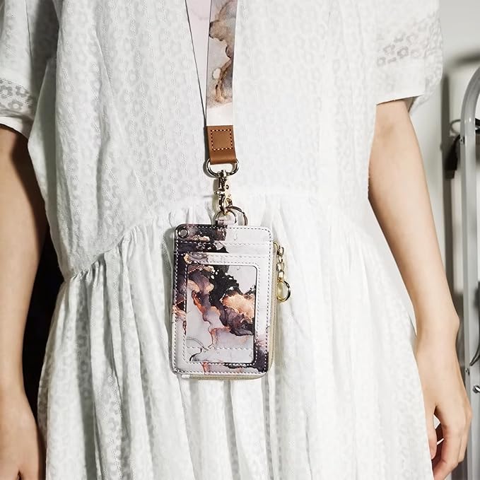 Marble ID Badge Holder with Lanyard,Card Name Tag Holders with Zipper,Vertical Lanyard Wallet for Work Office Nurse Doctor Medical Student Teacher Women Men