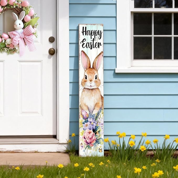 Happy Easter Bunny Welcome Sign for Front Door, 47 Inch Wood Framed Porch Sign Spring Easter Rabbit Flower Decorations with Hanging Rope, Farmhouse Rabbit Yard Signs Home Decor for Outdoor Patio
