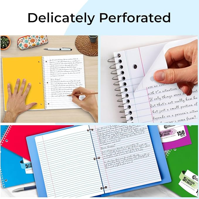 Rosmonde Spiral Notebook 36 Pack, 5 Subject, 300 Pages/Book (150 Sheets), College Ruled, 8 x 10-1/2, School & Office Bulk Spiral Notebooks, Sturdy Spiral Journal Notebook, Soft Cover, Assorted Colors