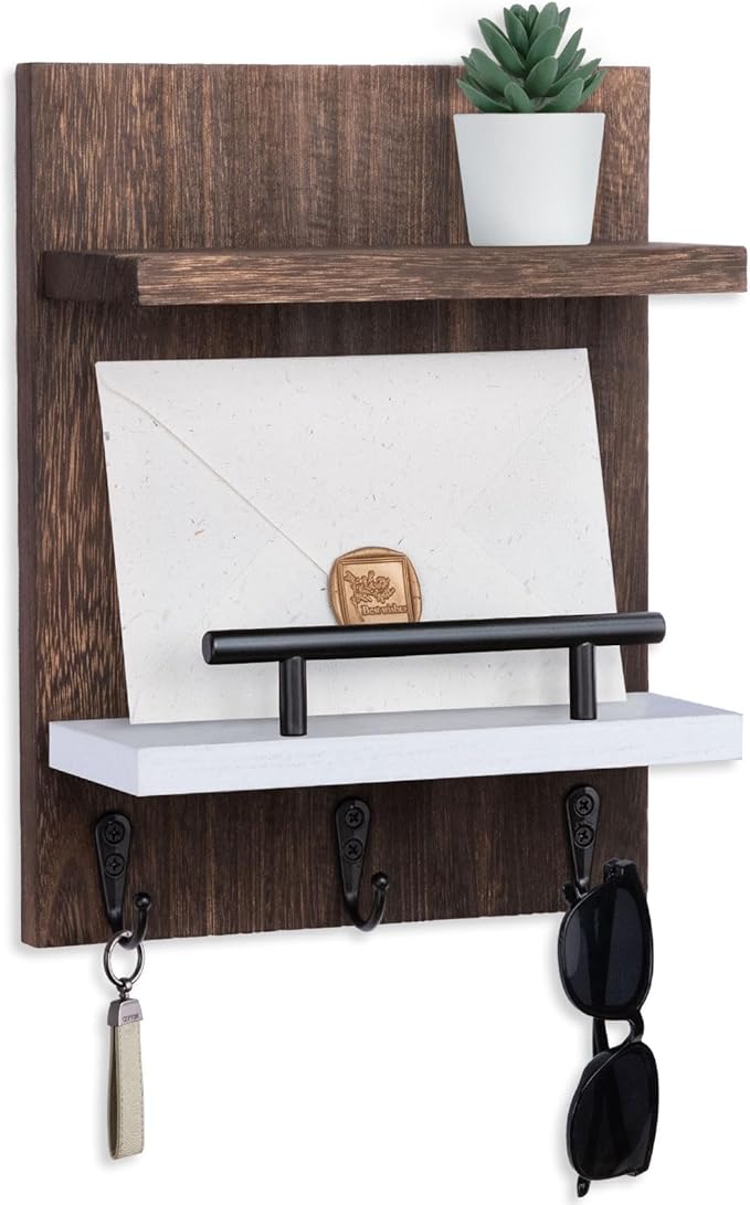 Key Holder Wall Mount, Key Holder With 2 Display Shelf, 3 Hooks for Key, Coat, Dog Leash, Key Hanger with Hook for Mail, Potted Plant, Farmhouse Mail Holder, Entry Way Organizer (Brown & White)