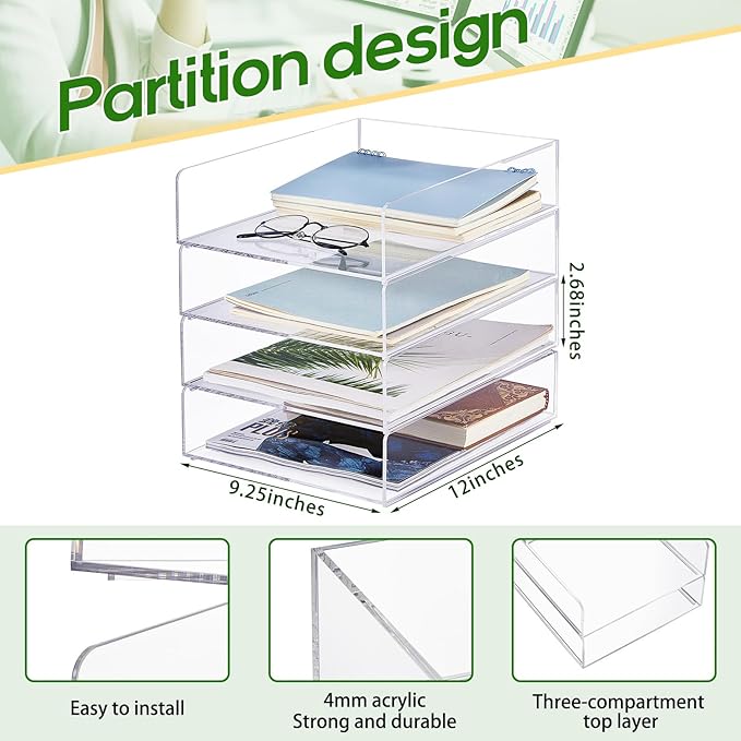 Harloon 4 Tier Acrylic Paper Tray 12 x 9.3 x 2.7 Inches Stackable Letter Clear Organizer No Need to Assemble Acrylic Paper File Organizer for Office Workspace Desktop Storage(Transparent)