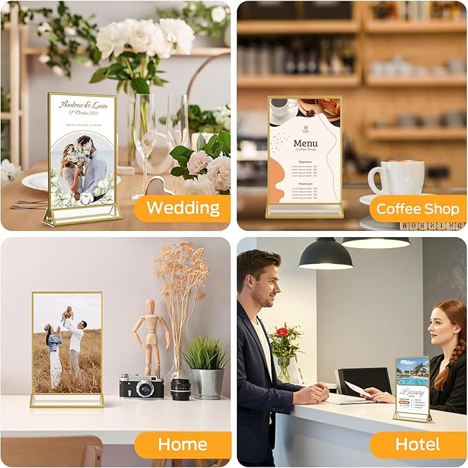 Smarpau Acrylic Gold Sign Holder 5x7,8 Pack Table Number Holders, Double-Sided Display Stand Picture Frames Menu Holder Flyer Stands Photo Holders for Wedding