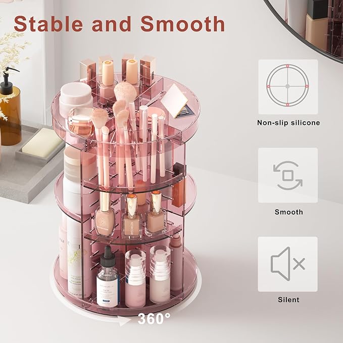 Jiavarry 360 Rotating Makeup Organizer with Lipstick Slots, 8 Adjustable Layers Spinning Skincare Organizers, Large Capacity Desk Storage, Carousel Cosmetic Shelf for Vanity Bathroom Countertop