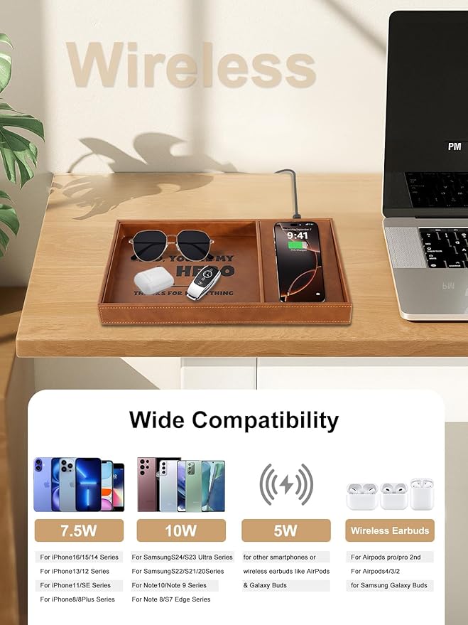 Valet Tray, Built-in Wireless Charger, Nightstand Organizer, Dresser Organizer, Mens Jewelry Box, Valet Charging Station, Gifts for Dad from Daughter Son Wife, Brown