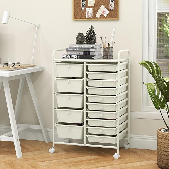 GOFLAME 15-Drawer Rolling Storage Cart, Craft Storage Cart with Removable Drawers & Lockable Wheels, Art Cart Supply Storage Organizer for Home Office Classroom, White