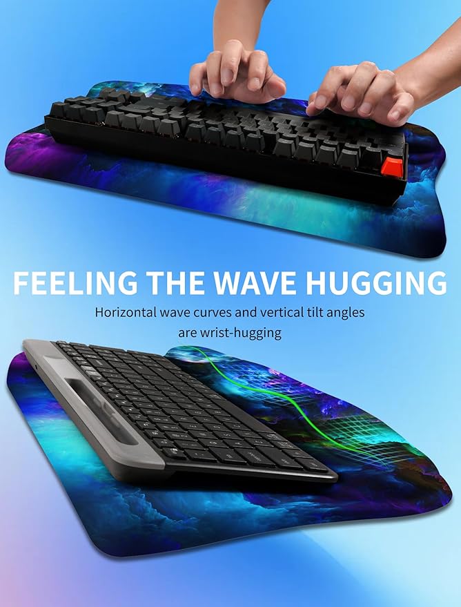 KUOSGM Ergonomic Wave Wrist Rest with Keyboard Stand, Cushioned Palm Rest, Comfortable Integrated Memory Foam for Natural Typing and Relieve Wrist Pain, Nebula