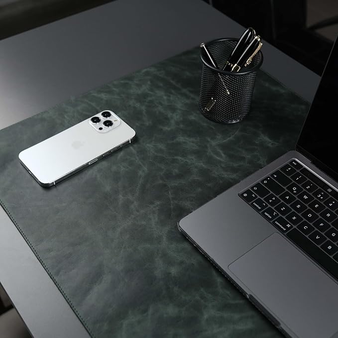 TORONATA Jersey Genuine Calfskin Leather Desk Pad, Office Desk Mat with Non-Slip Bottom, Smooth Surface for Mouse & Keyboard, Desk Protector (14.6x31.5 inches) (Dark Green)