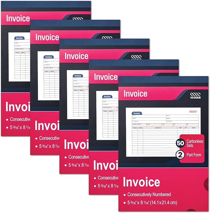 XKDOUS 5 Pack Invoice Receipt Book, 2-Part Carbonless, 5-9/16" x 8-7/16" Invoice Book for Small Business, 50 Sets per Book