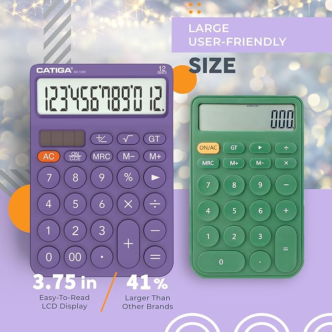 CATIGA 12 Digit Desktop Calculator Basic Desk Calculator with Large LCD Display, Big Buttons, 4 Function, Solar and Battery Dual Power, for Office, School, Home, SD-1292 Purple