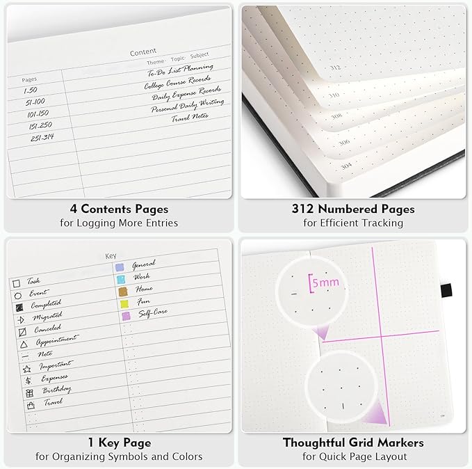 OFFIGIFT Dotted Journal Notebook, 312 Numbered Pages Large B5 Hardcover Leather Notebook, 100gsm No Bleed Paper Dot Grid Notebook with Index Pages, Dot Journal for Women Men, 7.6'' X 10'', Pink