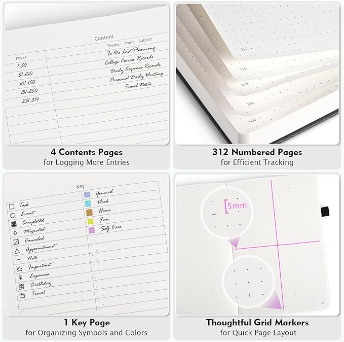 OFFIGIFT Bullet Dotted Journal Notebook, 312 Numbered Pages A5 Hardcover Leather Journal, 100gsm No Bleed Paper Dot Grid Notebook with Index Pages, Dot Journal for Women Men, 5.75" x 8.38", Grey Blue